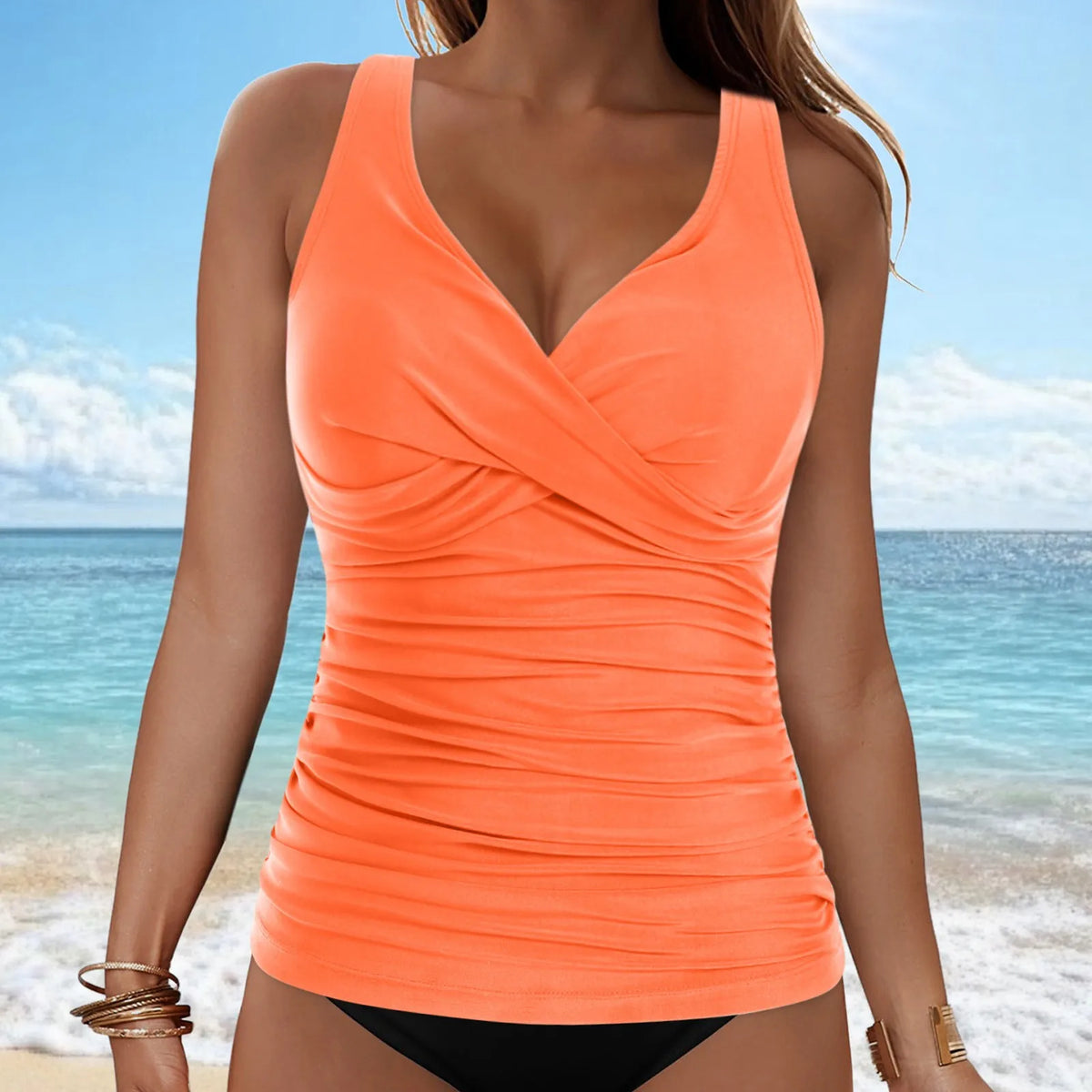 Women Bikini Tankini Top Front Knot Ruched Swimsuit V Neck Bathing Suit Swim Top Cross Back Swimwear Tops Summer Beach Wear
