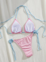Sexy 3D Floral Bikini Set 2025 Women White Pink Contrast Push Up Bra Tie Side Thong Swimsuit Beach Bathing Suit Micro Swimwear