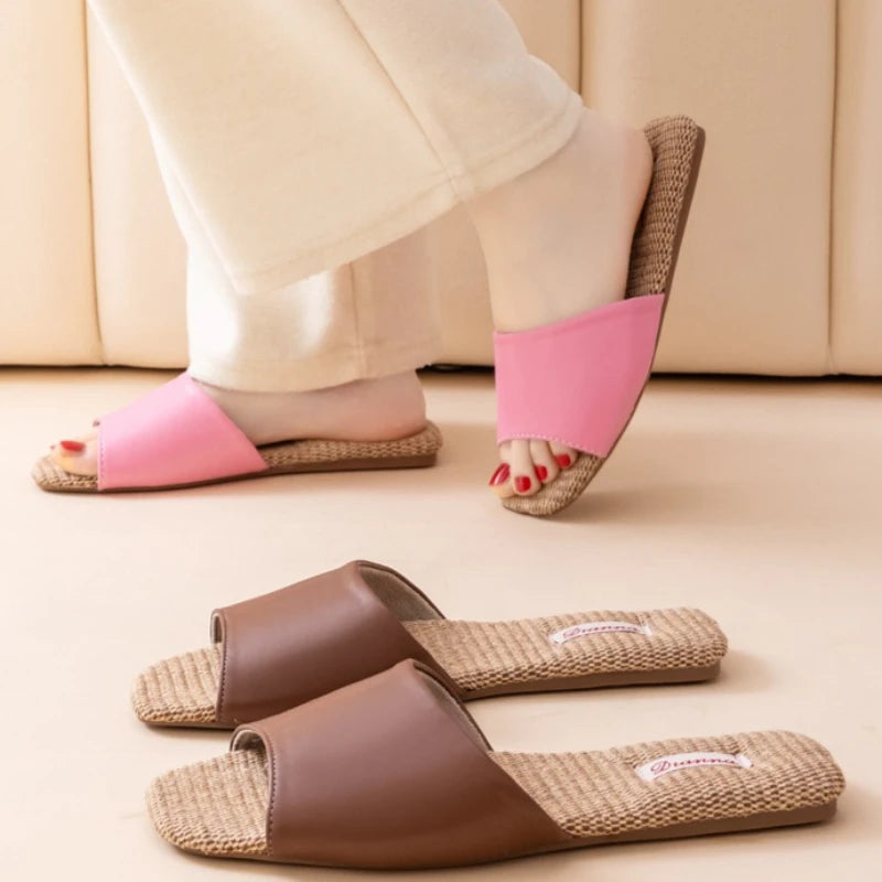 2026 New Breathable Linen Slippers For Women Men Spring Summer House Shoes Soft PU Leather Anti-slip Couples Home Floor Slides