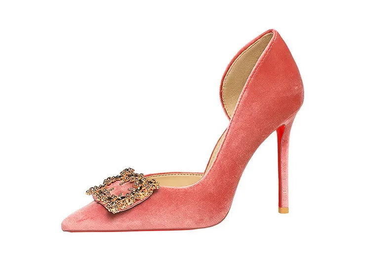Women 10cm Super High Heels Pointed Toe Side Hollow Work Pumps Metal Crystal Buckle Velvet Stiletto Fashion Banquet Lady Shoes