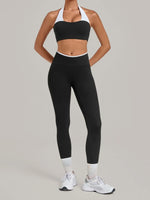 2 Pieces Color-block Yoga Sets WomenHanging Neck Sports Bra High Waist Pants Built-in Pockets Outdoor Fitness Workout Suit