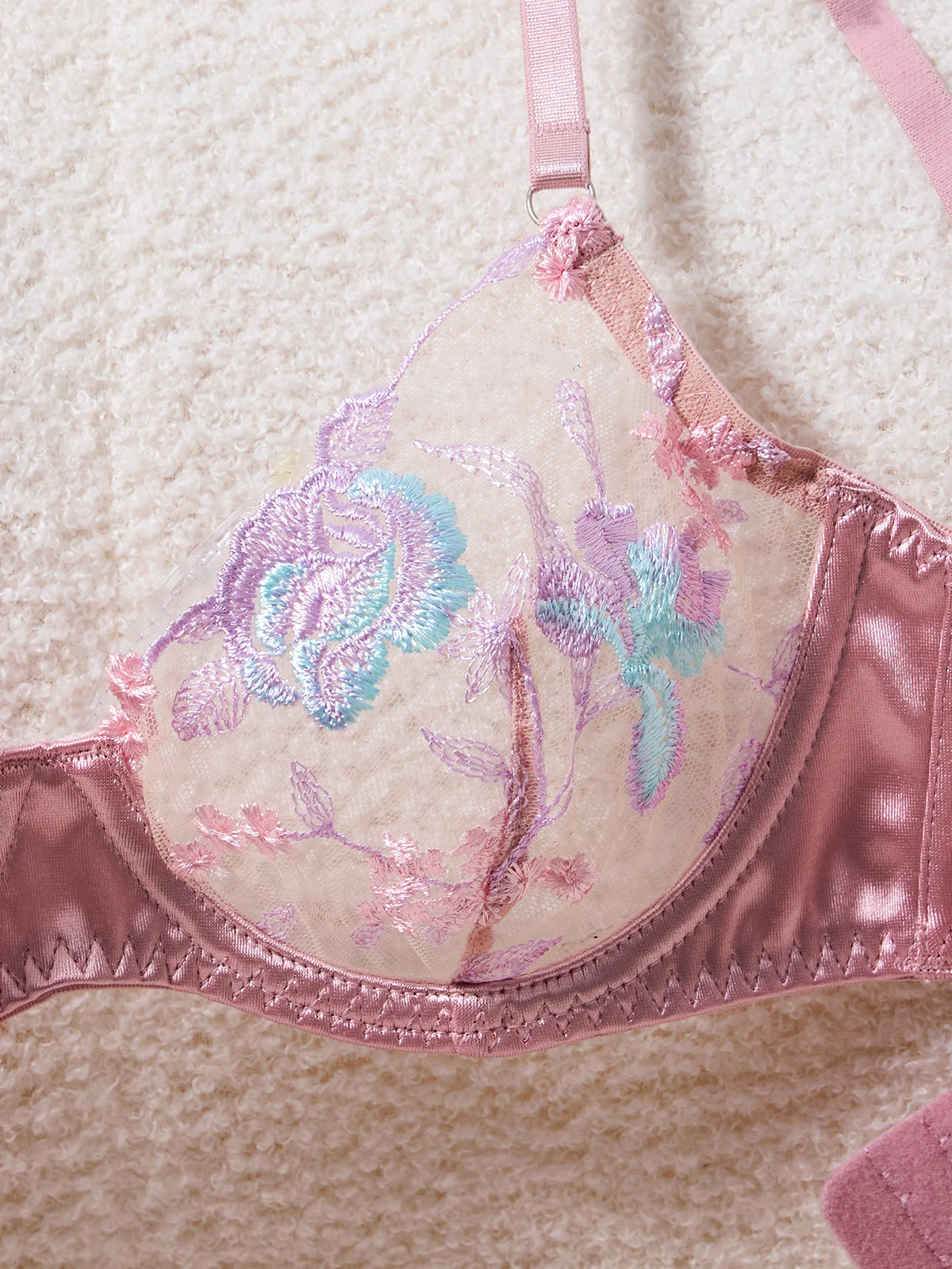 French Romantic Pink Satin Embroidered Lingerie Set Bra + Thong + Stockings Three-Piece Set