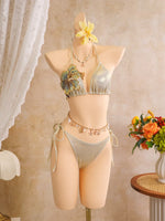 Sexy Beige 3D Flowers Embroidered Bikini Set 2026 Women Drawstring Cover Up 3 Piece Swimsuit Beach Bathing Suit Holiday Swimwear