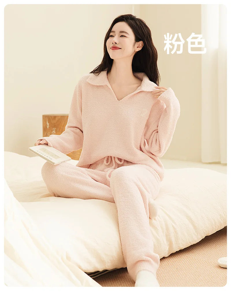 Women Winter Half Fleece Pajama Set Thick Warm Long Sleeve Long Pants Cozy Soft Casual Homewear Loungewear Sleepwear Suit