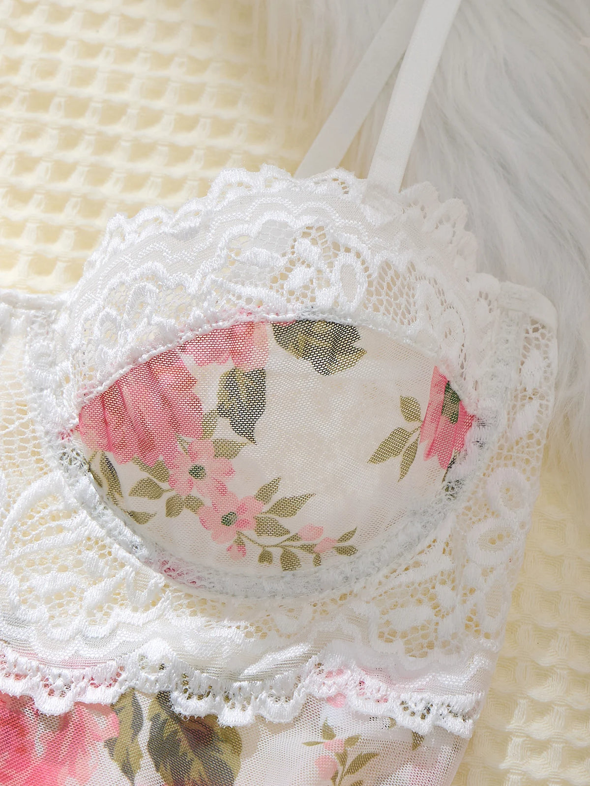 Ladies Pink Cute Floral Semi-Transparent Sleepwear with Lace Design Elegant Comfortable Girlhood Style Nightgown