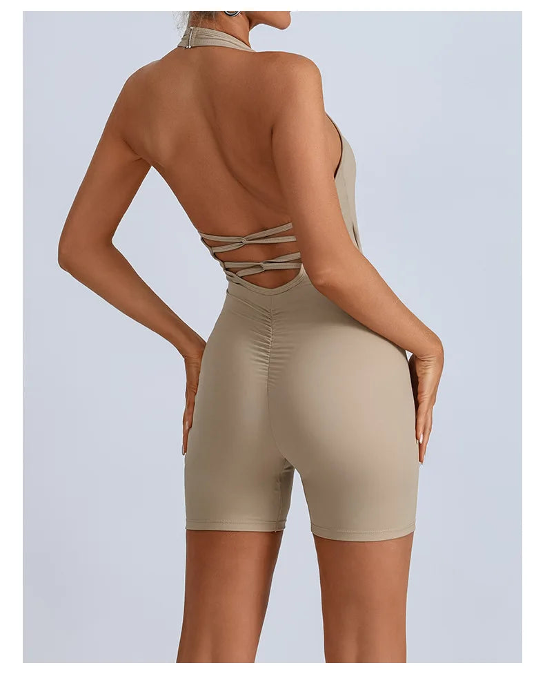 Summer Yoga Jumpsuit Back Hollow Out Bandage Pleate Pocket Shorts Sports One Piece Suits Butt Lifting Fitness Workout Bodysuit
