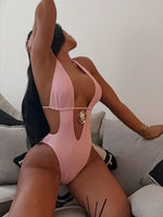Sexy Pink Swimwear Women 2026 Metal Circle Hollow Out Backless Thong Bikini Beach Bathing Suit Holiday Pleate One Piece Swimsuit