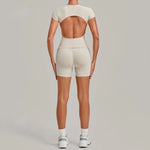Women's Seamless Yoga Sets Sports Fitness Workout Hip-lifting High Waist Shorts Backless Short-sleeve Vest Suit Gym Training Set