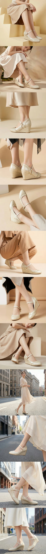 2026 Small Big Size 32-48 Vintage Green 7cm High Heels Wedges Pumps White Red Comfy Walk Summer Mary Janes Brogue Shoes Women