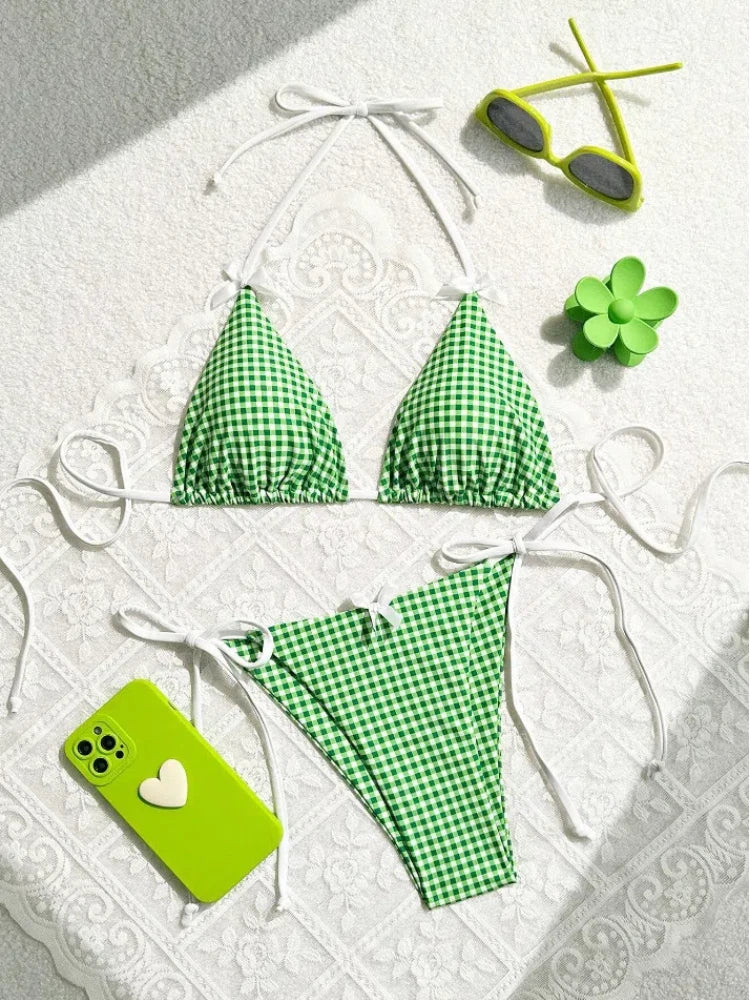 Sexy Micro Bikini 2024 Gingham Print Swimsuit Female Swimwear Women Strings Thong Bikinis Set Bather Beachwear Bathing Suit Pool
