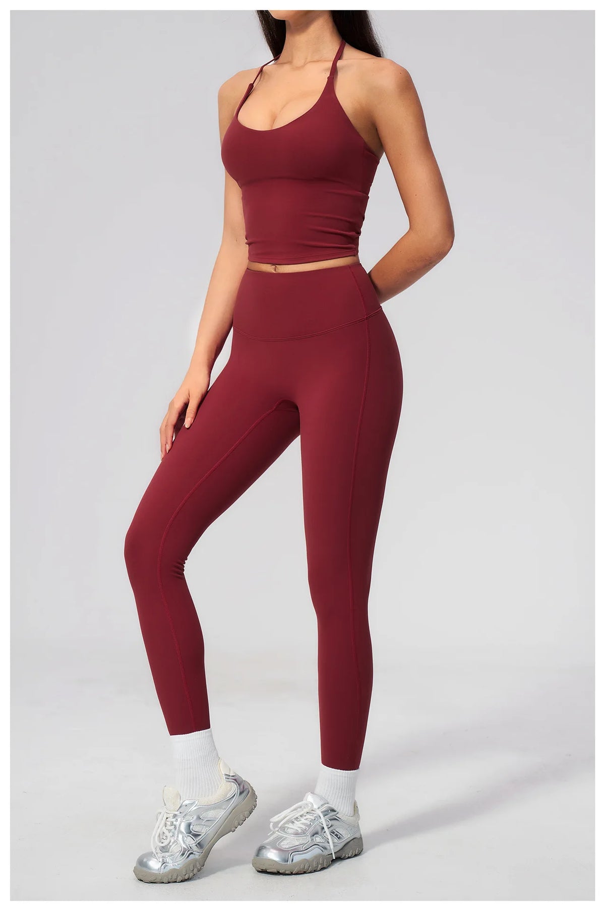 Women Tracksuit 2PCS Seamless Yoga Sets Hanging V Neck Slim Sports Tank Top Fitness Outfits Gym Running High Waist Leggings Suit