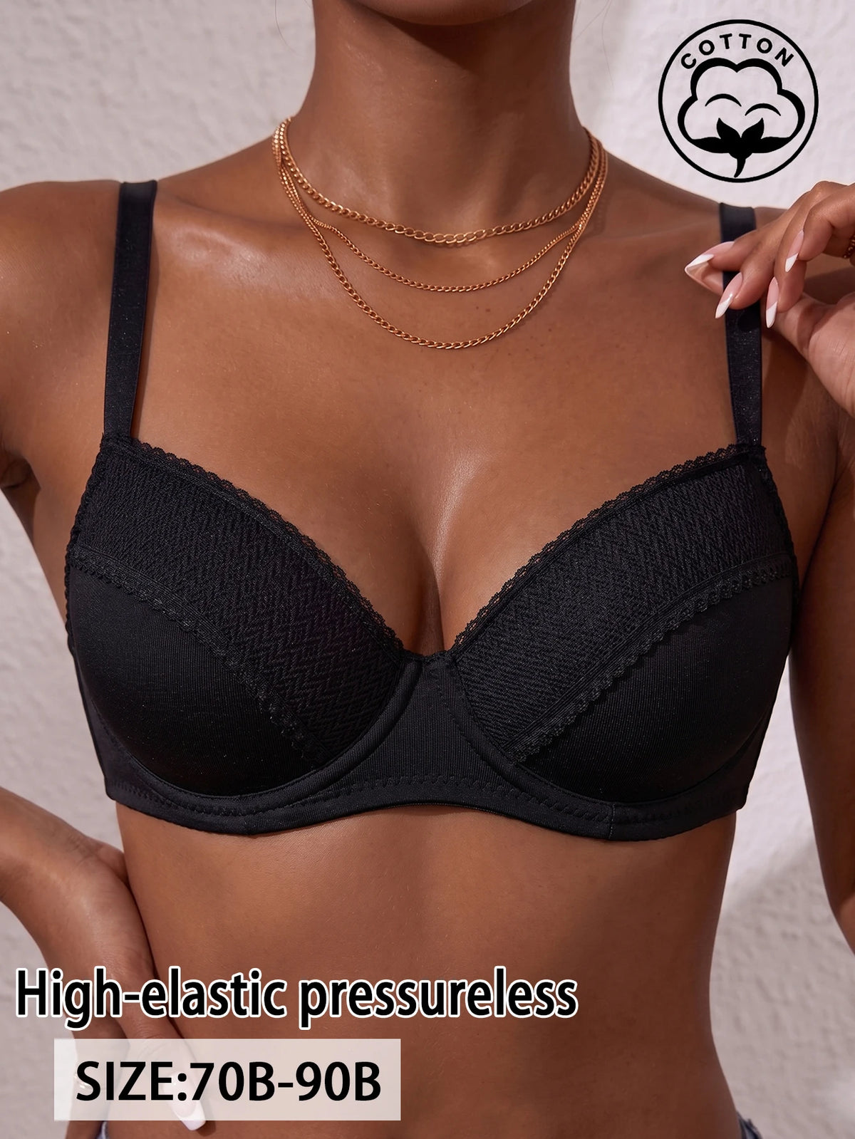 Women Solid Cotton Bra Lace Full Coverage Support Push Up Bra Skin-friendly Comfort Adjustable Lingerie
