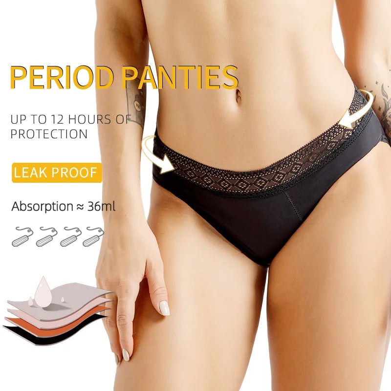 4-Layers Transparent Lace Menstrual Panties Leakproof Antibacterial Women's Underpants Comfortable Breathable Ladies Briefs