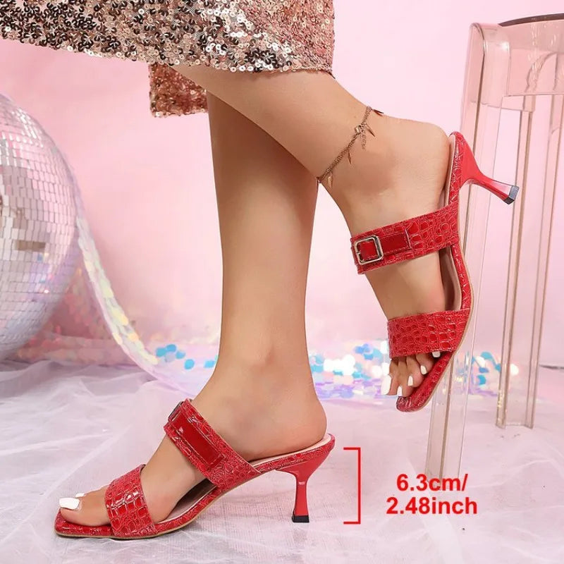Luxury Gold Silver High Heels Slippers Women's 2025 Summer Slip on Thin Heeled Sandals Woman Plus Size 43 Square Toe Party Shoes