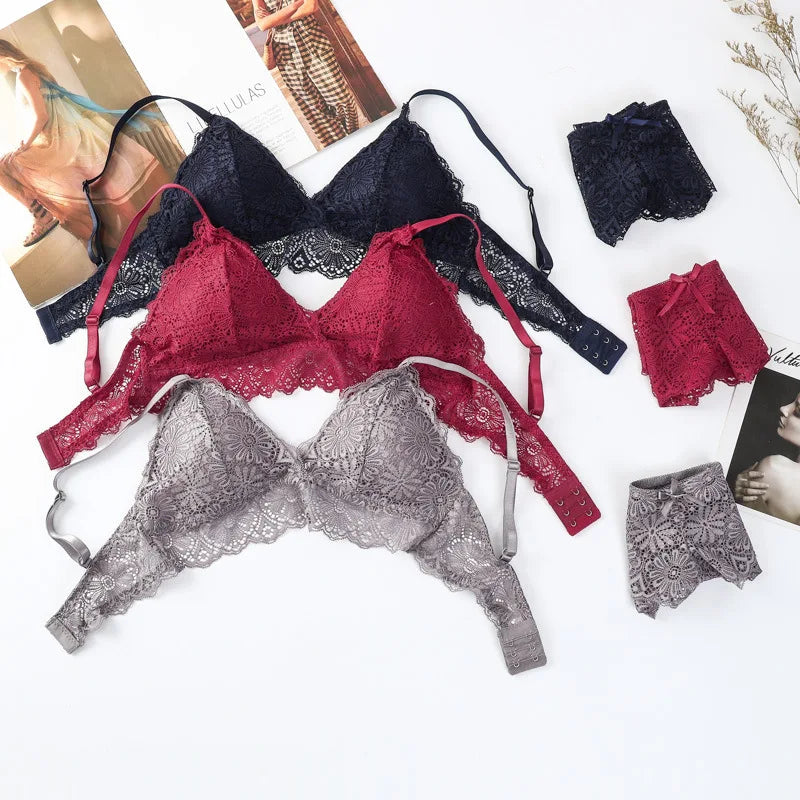 Women Floral Lace Bra And Panties Set Wire Free Bralette Low Rise Briefs Sexy Lingerie Set Ladies Lace Underwear Set