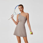 Sexy Hollow Waist Tennis Dress Women One Shoulder Pleate Sleeveless Built in Bra with Inner Separate Shorts Yoga Golf Dresses