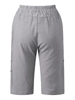 2026 Summer Women Striped Capris Casual Stylish Elastic Waist Side Button Straight-leg Pants Daily Cropped Trousers