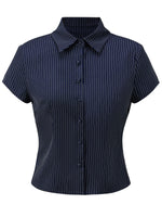 Women Button Down Slim Fit Striped Shirt Fashionable Summer Short Sleeve Turn Down Collar Tops for Casual Daily Wear