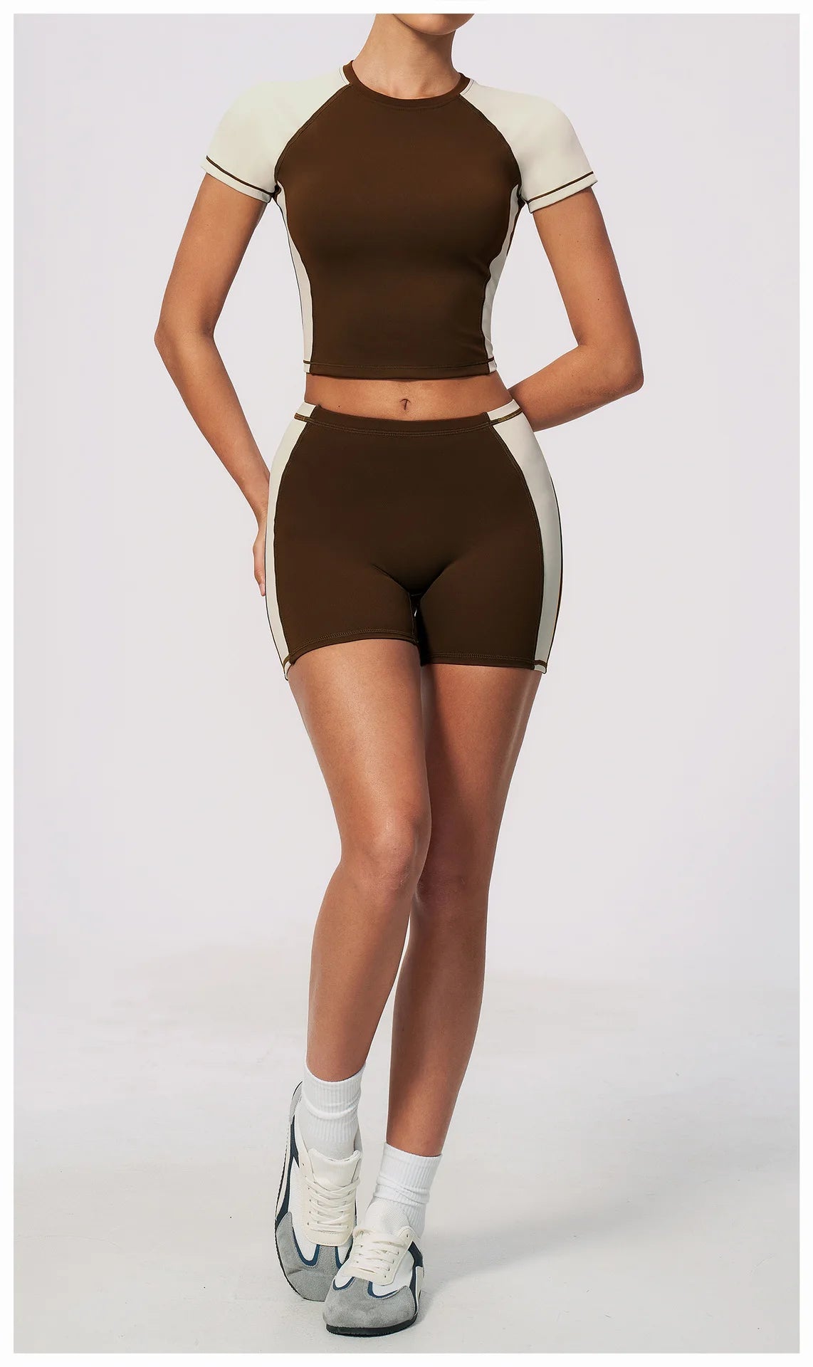 Summer New Yoga Sets Women Breathable Contrasting Color Short Sleeve Slim Sports T Shirts Training Running Shorts Fitness Suit