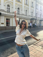 Ahagaga Causal Women Tops Solid Lace -Neck Short Sleeves Satin Slim Button Regular Eelgant Streetwear Tees Female Basic T Shirts