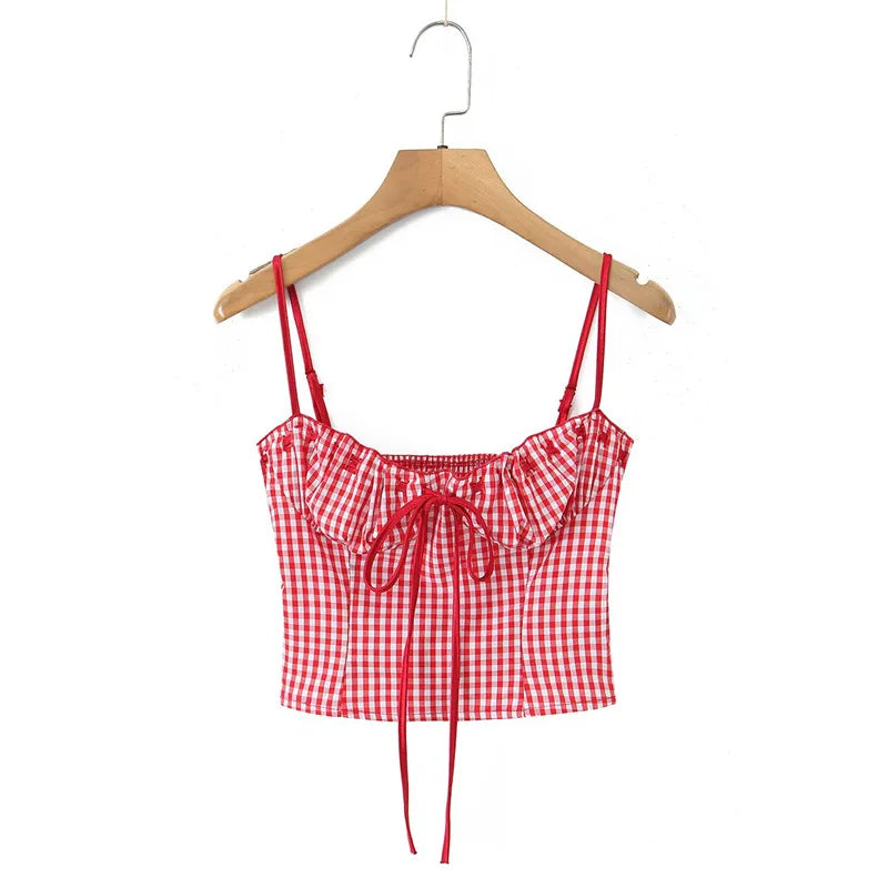 Sweet Girly Plaid Polka Dot Print With Drawstring Tie For Vacations Red Gingham With Bow Scallop Trim Fitted Bustier Style X6P8