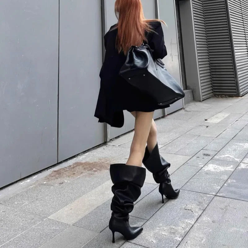 Boot Leg Long Boots Women European and American Fashion Sexy Pointed Thin High Heels Women Comfort Pleated Women's Boots 2023
