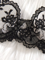 3/4 cup gathered satin lace lingerie set - red rose embroidered netting sheer women's bra and panties set ZA82403