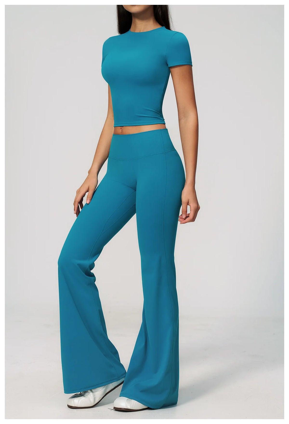 Creamy 2 Pieces Workout Suit Women Yoga Outfits Short Sleeve O Neck Slim Sports T Shirts High Waist Flare Pants Gym Fitness Sets