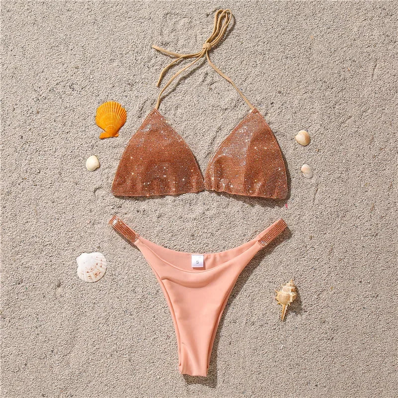 Halter Jewelled Sequins Diamond Bikini Women Swimsuit Female Swimwear Two Pieces Bikini Set Mini Micro Bathing Suit Swim Lady