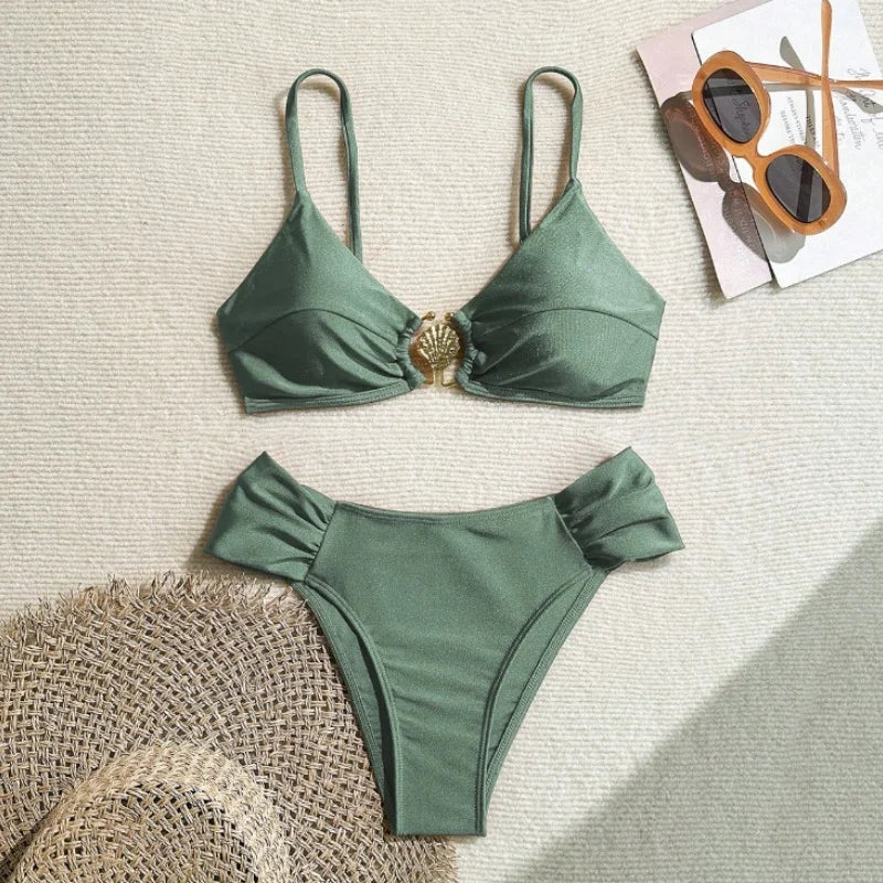 Sexy Pleate High Waist Bikini Set 2026 Women Orange Metal Buckle Push Up Two Piece Swimsuit Beach Bathing Suit Holiday Swimwear