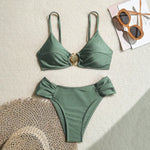 Sexy Pleate High Waist Bikini Set 2026 Women Orange Metal Buckle Push Up Two Piece Swimsuit Beach Bathing Suit Holiday Swimwear
