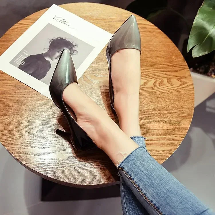 Gradient color patent leather women's shoesspring and summer new pointed shallow mouth sexy stiletto heels work shoes drf56