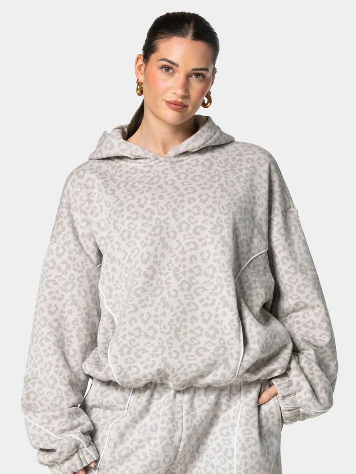 Vintage Leopard Hooded Sweatshirt Suit Loose Fit Contrast Line Wide Leg Trousers Fashion Athletic Tracksuit Outfit