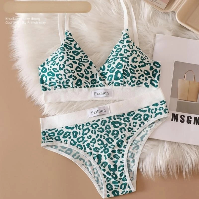 Women Seamless Bra Set Low Waist Panties Leopard Bralette Sexy Lingerie Set Vneck Sport Brassiere Female Cotton Underwear Set