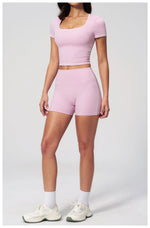 Speed Drying Tight Yoga Sets Women Color Contrast Short Sleeve Slim Sports Top High Waist Leggings Running Fitness Athletic Wear