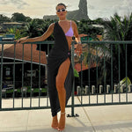 Sexy One-shoulder Asymmetric Black White Beach Dress Midi Beach Cover Up Woman Swimwear Bikini Tunic Kimono Beachwear Outfit