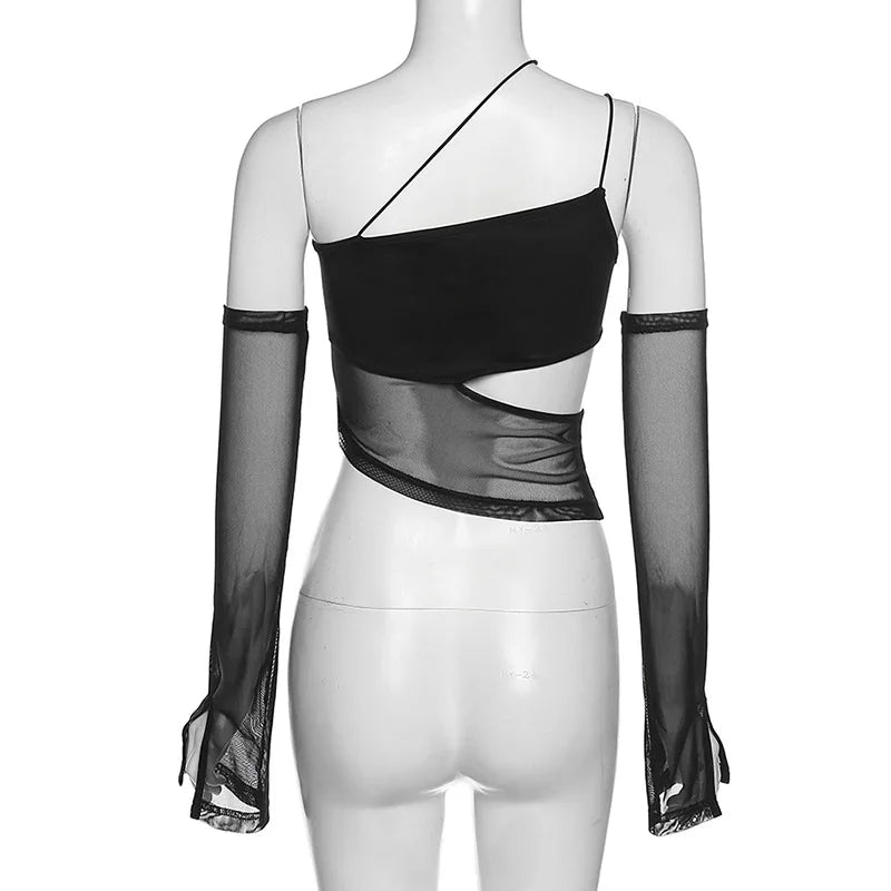 Asymmetrical Cut Out Mesh Crop Top with Sleeves Fairy GrungeClothes Transparent Camisole Tank Tops