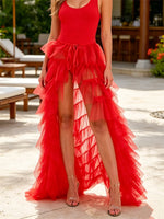 Fashion Long Tulle Skirt Women Elegant Princess Sexy Style Irregular Mesh Tutu Skirts Vintage Puffy Skirt Beach Cover-ups