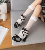 Girls Lace Strap Women 9cm High Heels Mary Jane Pumps Party Wedding Dress Princess Lolita Shoes Blue White Ankle Sandals 33-46