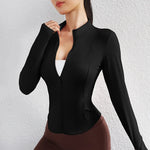 New Fitness Activewear Stand Up Collar Full Zipper Workout Tops Gym Long Sleeve Thumb Hole Yoga Jacket