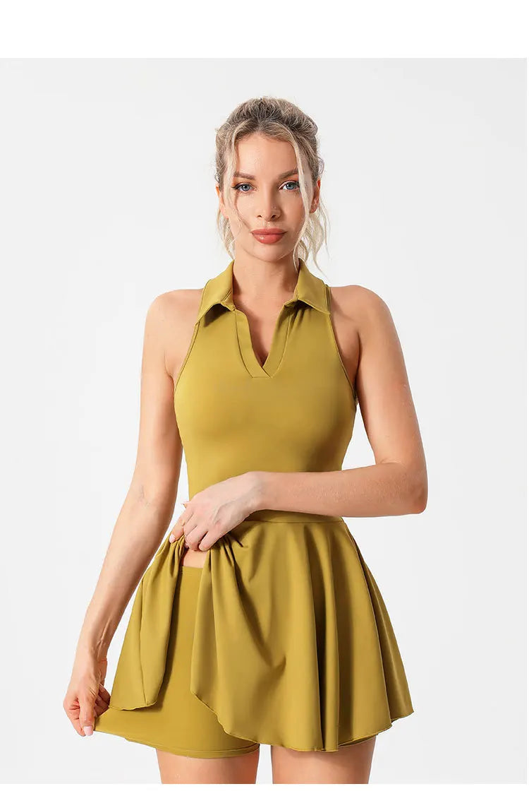 Quick Dry Tennis Dresses Women Turn Down Collar Golf Pleate Skirt Dress Pockets Fitness Shorts 2 Piece Tennis Yoga Suits