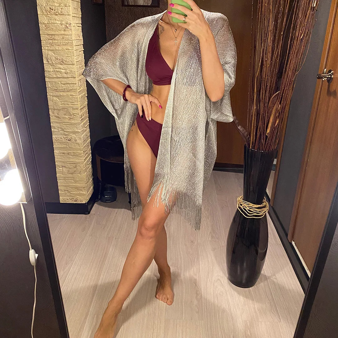 Sexy Fringe Tassel Mesh Sheer Shiny Knitted Tunic Beach Cover Up Cover-ups Beach Dress Beach Wear Beachwear Female Women V3321
