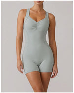 Cross Exposed Back Shaping Nude Yoga Jumpsuit Women Summer Sleeveless Pleate Slim Hip Lifting Short Sport Fitness One Piece Suit