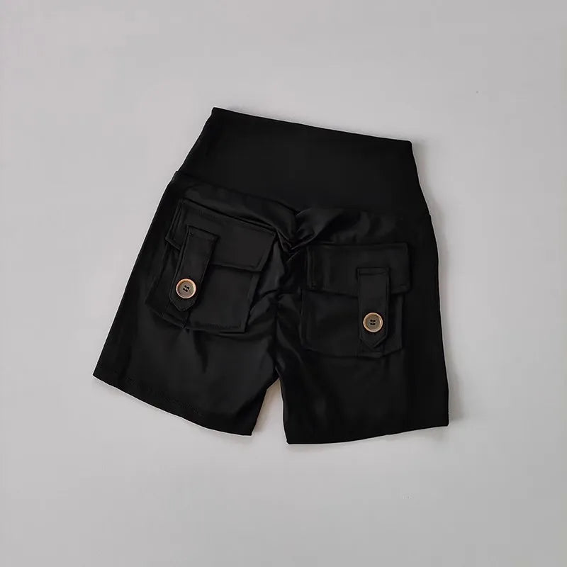 Nude High-Waisted Women's Yoga Fitness Shorts with Pockets Peach Hip Sports Fitness Running Training Gym Active Leggings