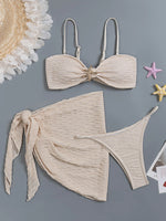 Sexy Starfish Pleate Push Up Bikini Set 2026 Women Beige Striped Cover Up 3 Piece Thong Swimsuit Beach Bathing Suit Swimwear