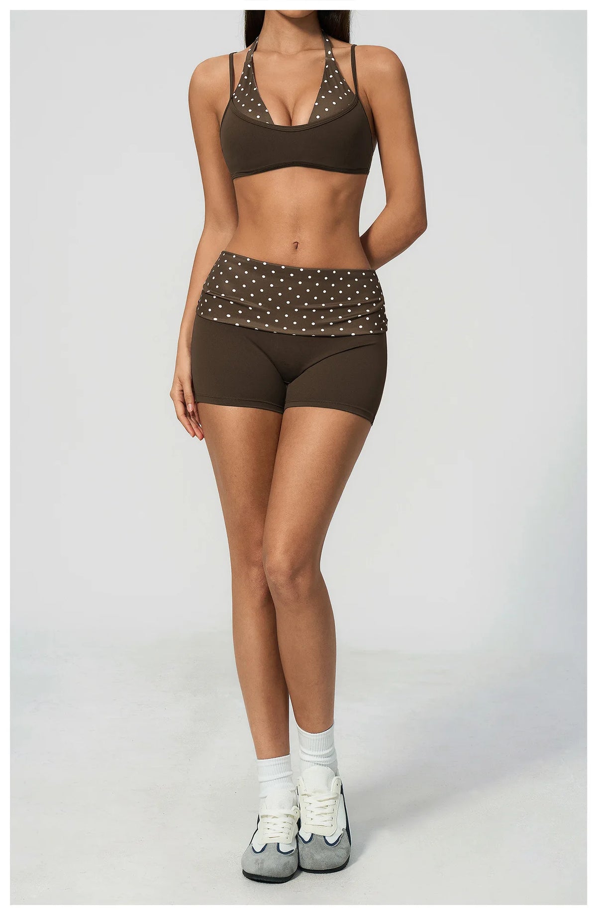 Breathable Striped Patchwork Yoga Clothing Women Fake Two-piece Sports Bra Folding High Waist Shorts Gym Running Fitness Suit