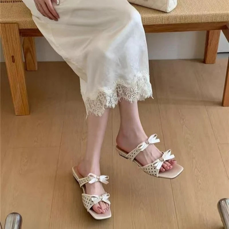Bow Women Slippers High Heeled Sandals Shoes Square Toe Elegant 2026 Summer Trend Toe Dress Party