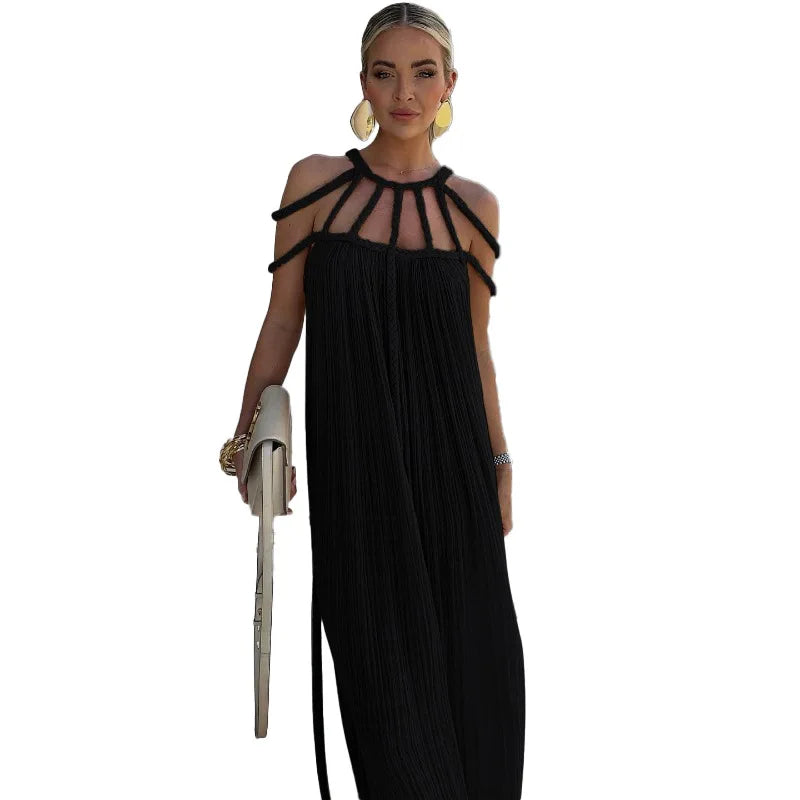 Summer Sleeveless Party Dress, Women Loungewear O-Neck Hollow Out Party Dress, Solid Color Patchwork Beach Style Ladies Dress