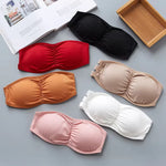Women Ribbed Strapless Bandeau Bra Anti-Slip Ruched Tube Top Bra Removable Breathable Pads Adjustable Back Hooks One Size