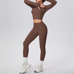 New Women Yoga Set Solid Color Double-Sided Brushed Bare Feel Short Long-Sleeve Jacket Tight Pants Running Fitness 2-Piece Set